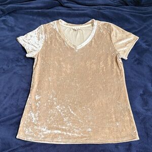 Ladies POL Soft Crushed Velvet Festive V-Neck Short Sleeve Top in Tan Size Large